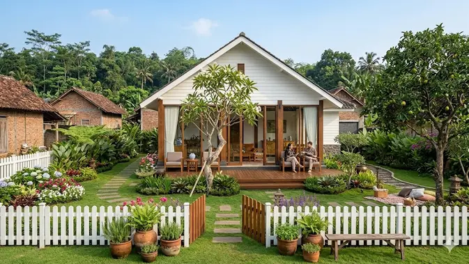 Ilustrasi rumah kampung modern untuk artikel 7 Inspirasi Rumah Kampung Modern dengan Taman Depan Luas