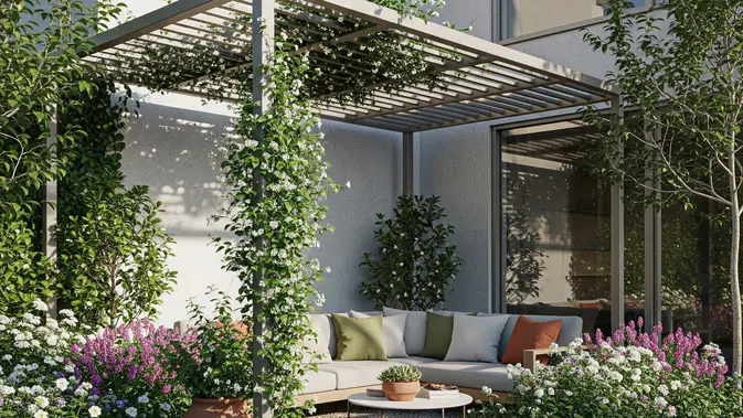 7 Inspirasi Sudut Taman dengan Pergola Baja Ringan