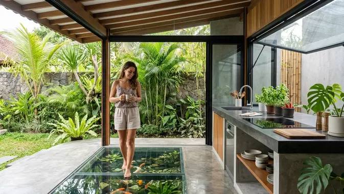Ilustrasi dapur semi outdoor untuk artikel 11 Desain Dapur Semi Outdoor dengan Kolam Ikan Mini