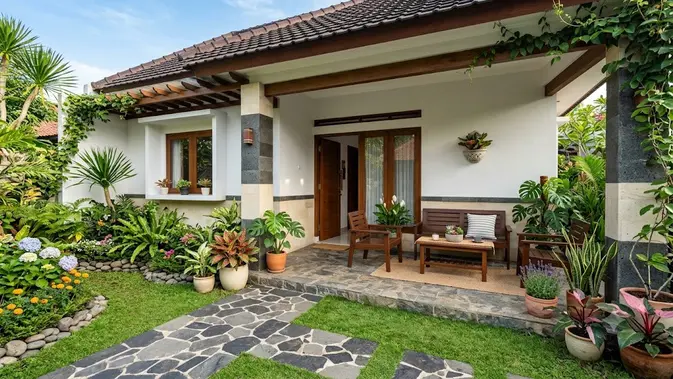 Ilustrasi teras rumah sederhana untuk artikel 7 Inspirasi Teras Rumah Sederhana dengan Batu dan Bunga