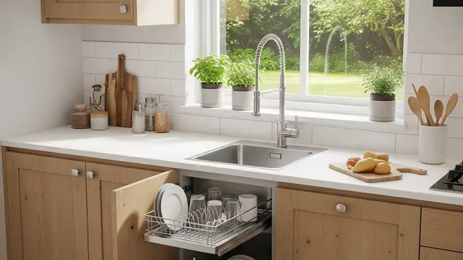 Ilustrasi rak piring tarik untuk artikel 7 Model Dapur dengan Rak Piring Tarik Samping Sink