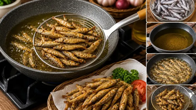 Ilustrasi menggoreng ikan kecil untuk artikel 7 Trik Menggoreng Ikan Kecil agar Tidak Lengket dan Renyah