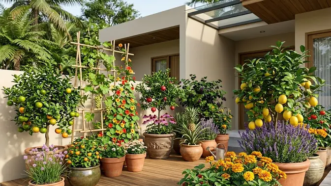Ilustrasi kebun mini teras untuk artikel Kebun mini teras: Kebun Mini di Teras: 8 Kombinasi Bunga dan…