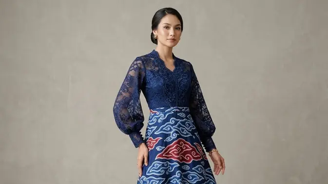 8 Model Long Dress Brokat Kombinasi Batik Lengan Bishop